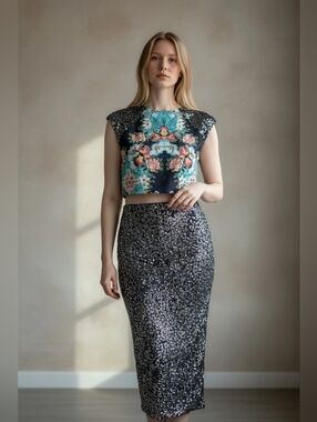 Xhilaration 2PC  Silver Sequins Skirt and Green Floral Sequin Top Set Sz Xsmall